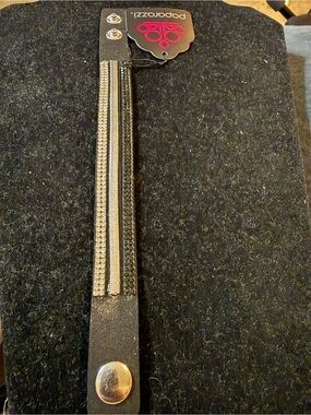 Black Men's Leather Bracelet with Silver Rhinestone Strips